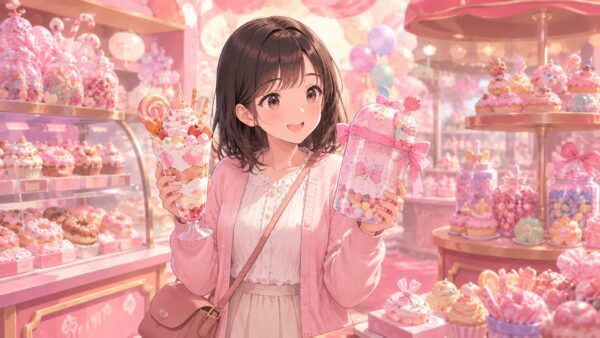 キャンディ風のパークでスマホとマップを見ながら、ヴァネロペスイーツの販売期間や店舗を確認する日本人女性