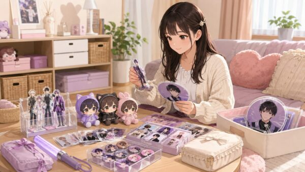 推し活収納初心者がアクスタやトレカ、ぬいなどのグッズを机に広げて整理している様子