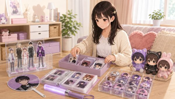 お気に入りのアクスタやトレカを透明ケースに飾る推し活の見せる収納例
