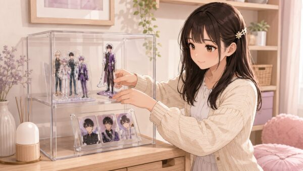 推し活グッズを収納ボックスやファイルケースにまとめて隠す収納にしている様子