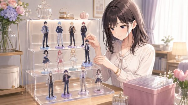 透明ディスプレイケースにアクスタを高低差をつけて飾る収納例