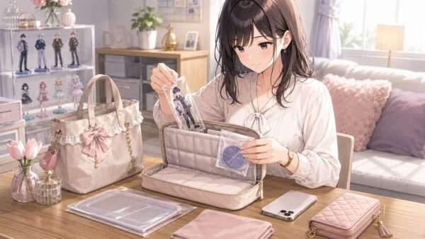 アクスタ本体と台座を分けてポーチに入れる持ち運び収納の方法