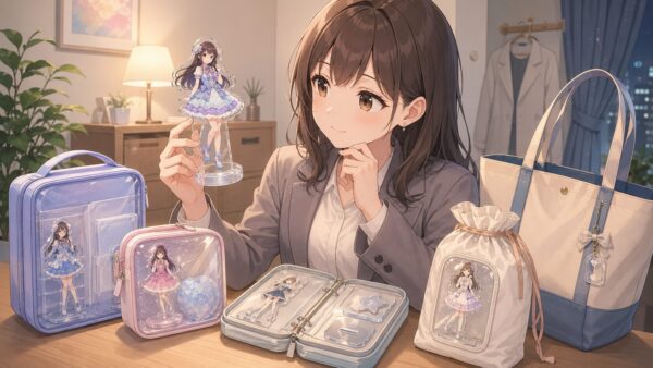 アクスタケースを比較しながら選び方を考える日本人女性と推し活グッズ