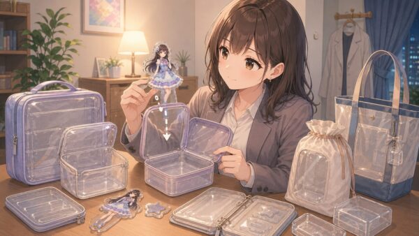 アクスタ本体と台座を別ポケットに分けてクッションケースへ収納する様子