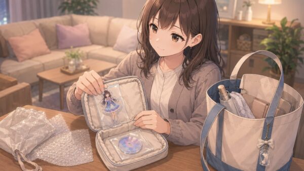 ファイル型収納と透明ケースでアクスタを整理して飾る日本人女性