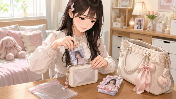 硬質ケース入りトレカをポーチに入れて持ち運び準備をする推し活グッズ収納