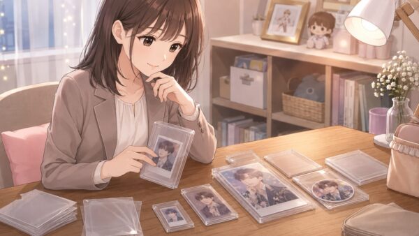 トレカやブロマイドに合う硬質ケースのサイズを比較する推し活デスク
