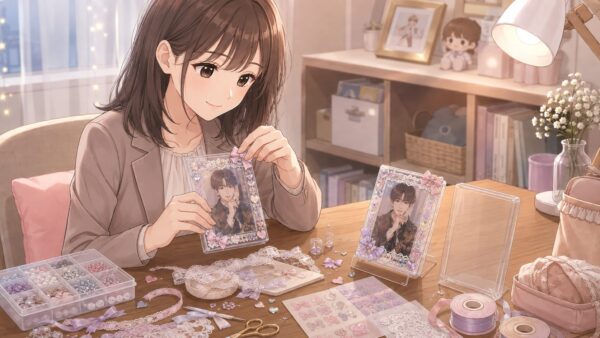 リボンやパーツで硬質ケースをデコレーションする日本人女性の推し活作業風景