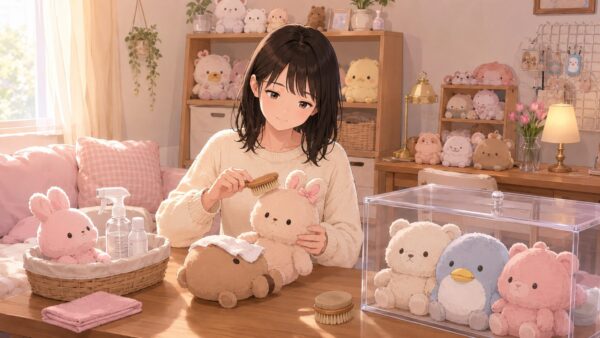 ブラシでぬいぐるみの毛並みを整え、透明ケースでほこり対策をする日本人女性