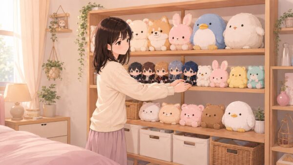 棚にぬいぐるみを正面向きに並べ、見せる収納でかわいく整理する日本人女性