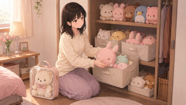 クローゼットの収納ボックスにぬいぐるみを余裕を持ってしまい、ポーチ収納も用意する様子