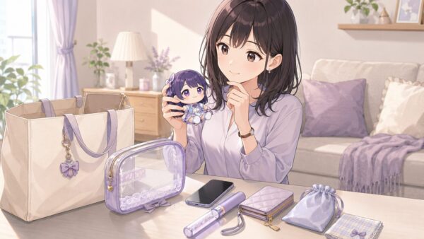 推しぬいの持ち運び方法を考えながら、透明ポーチやバッグを準備する日本人女性のアニメイラスト