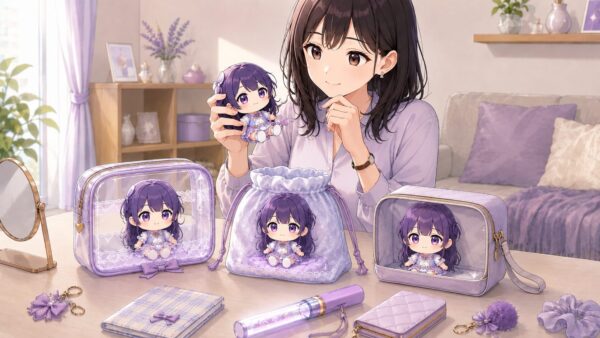 推しぬいに合う透明ポーチや巾着、マチ付きケースを比較する日本人女性のアニメイラスト