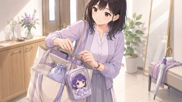 推しぬい入りポーチをカラビナでバッグに固定して安全に持ち運ぶ日本人女性のアニメイラスト