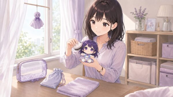 外出後の推しぬいをやさしくブラシでお手入れして風通しする日本人女性のアニメイラスト