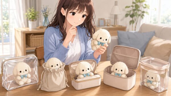 透明ポーチや巾着、マチ付きケースを並べて、推しぬいに合う持ち運び用ポーチを選ぶ女性