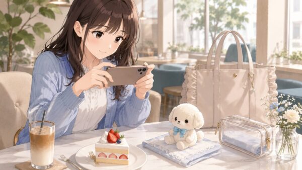 カフェでハンカチの上に推しぬいを置き、飲み物やケーキから離してぬい撮りを楽しむ女性