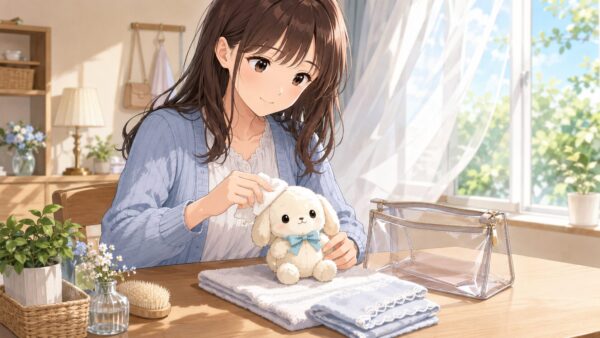外出後の推しぬいをタオルの上でやさしく拭き、ほこりを落としてお手入れする女性