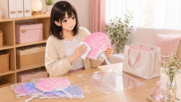 収納前に推しうちわの袋を確認し乾いた布でやさしく拭く日本人女性