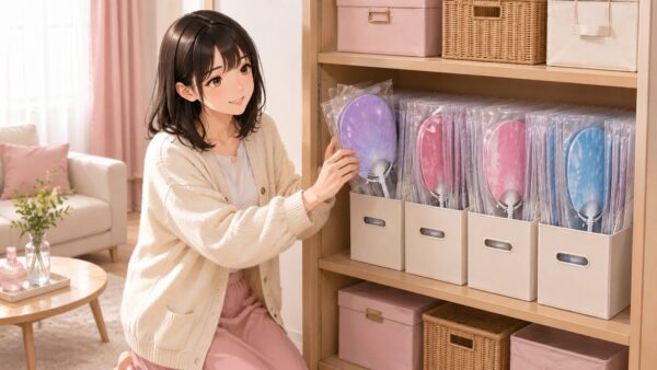 ファイルボックスに推しうちわを立てて整理するうちわ収納方法