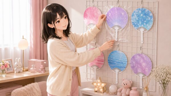 ワイヤーネットに推しうちわを飾って楽しむ見せる収納のアイデア