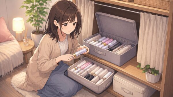 複数のペンライトをフタ付き収納ケースに並べて、傷やほこりを防ぎながら整理する日本人女性のイラスト