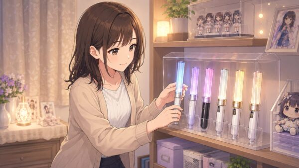 ペンライトを透明ケースとスタンドで飾り、ほこりを防ぎながら見せる収納をする日本人女性のイラスト