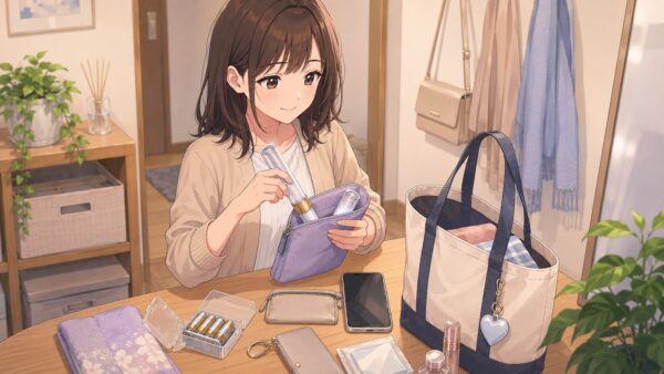 ライブ前にペンライトを専用ポーチへ入れ、予備電池をケースで分けて持ち運ぶ準備をする日本人女性のイラスト