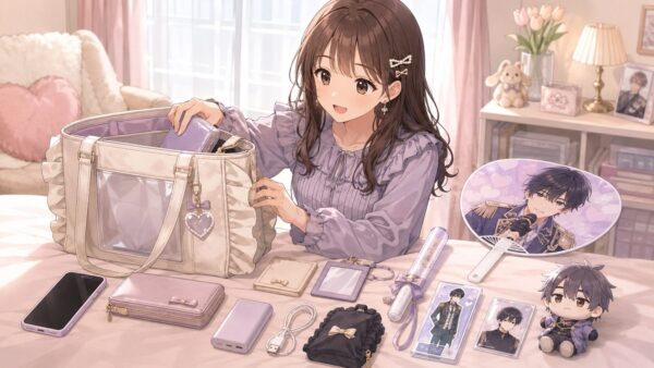 推し活バッグの中身を準備する日本人女性とペンライトやアクスタなどの持ち物