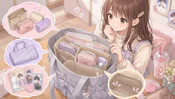 ポーチやバッグインバッグで推し活バッグの中身を整理する日本人女性