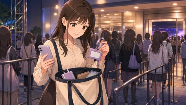 ライブ会場の入場前にスマホと身分証を確認する女性と持ち物を入れたバッグ