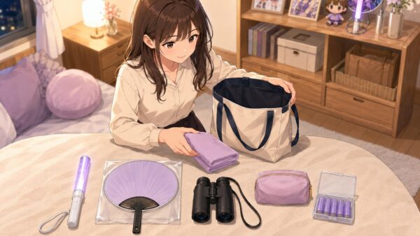 ペンライトやうちわ、双眼鏡、タオルを並べてライブ用グッズを準備する女性