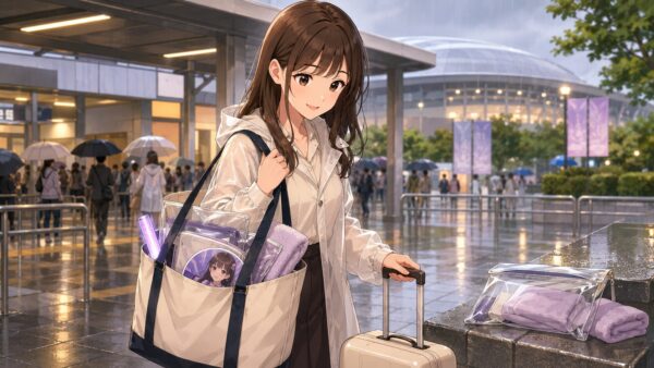 雨の日のライブ遠征で、キャリーケースと防水対策した推し活バッグを持つ女性