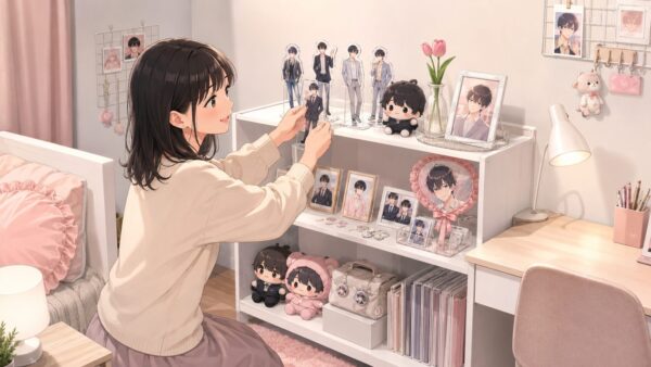 白い棚にアクスタやトレカ、ぬいを並べて推し活部屋を作る日本人女性のアニメイラスト