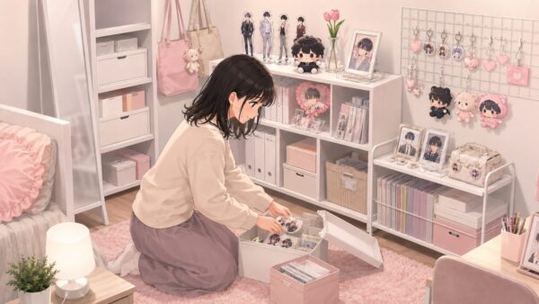 透明ケースにアクスタやトレカを飾り、ほこりを払う日本人女性の推し活部屋アニメイラスト