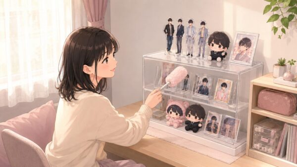 壁面収納やボックスを使って推し活グッズを整理する日本人女性のアニメイラスト