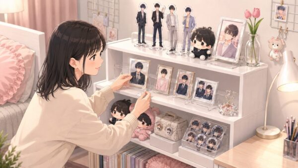 小さな棚にアクスタやトレカ、缶バッジをすっきり飾る推し活部屋のアニメイラスト