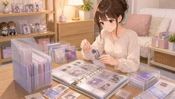 トレカや写真をスリーブとバインダーで保護しながら整理する100均推し活収納の様子