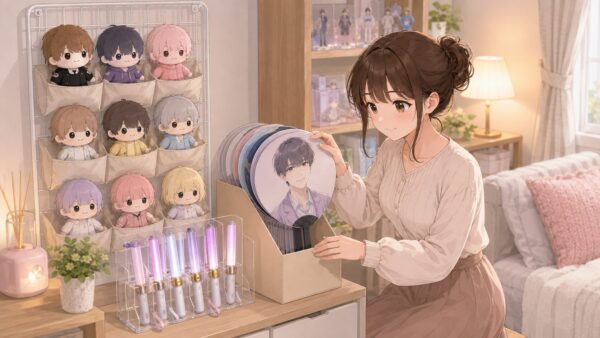 ぬいぐるみを壁面ポケットに飾り、うちわとペンライトを立てて収納する推し活部屋