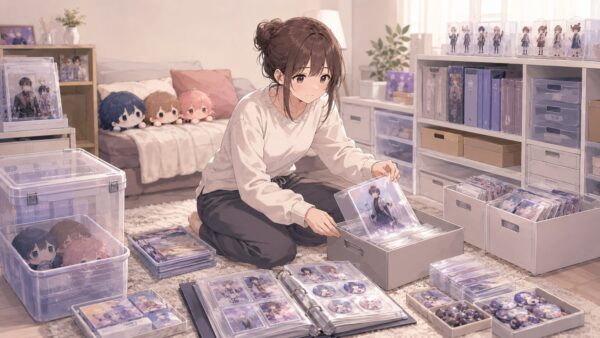 アクスタやトレカなど推し活グッズを種類ごとに分けて整理する様子