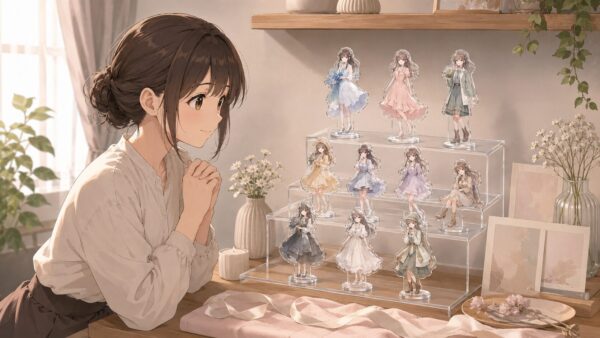 透明なひな壇に複数のアクスタを段差をつけて飾った、見やすく整理された推し棚