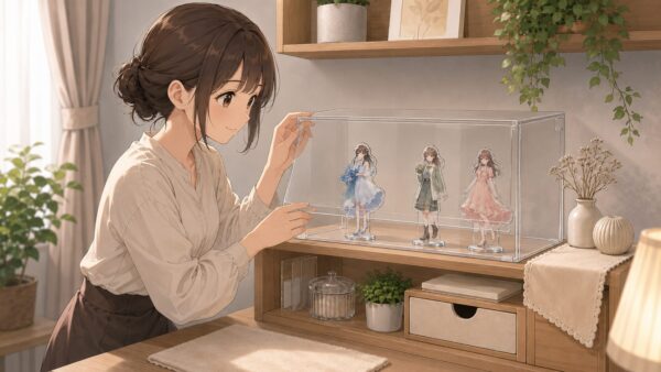 透明ディスプレイケースにアクスタを入れて、ほこりや転倒を防ぎながら飾る様子