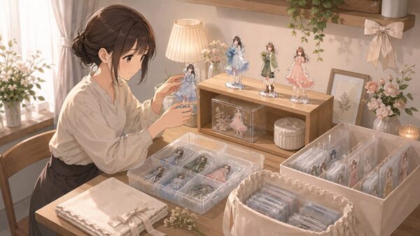 増えたアクスタを透明ケースや仕切り収納に分けて整理し、飾る用と保管用を管理する様子