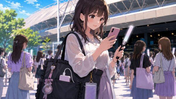 ライブ会場前でスマホとペンライトを確認し、モバイルバッテリーを入れた参戦バッグを持つ女性