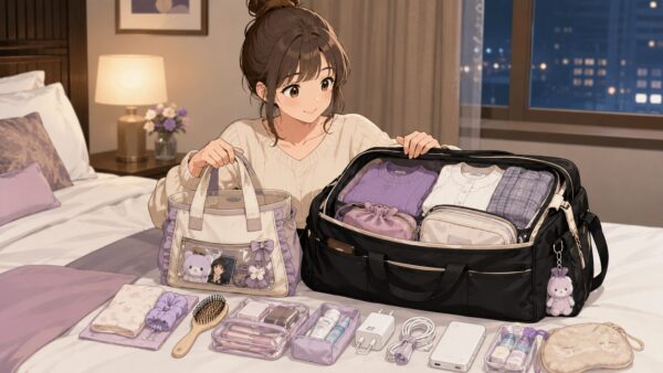 遠征先のホテルで会場用バッグと宿泊用バッグを分けて荷造りする推し活中の女性