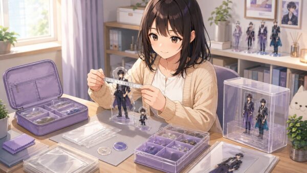 ローレン風アクスタのサイズを測り収納ケースを選ぶ女性の推し活グッズ整理イメージ