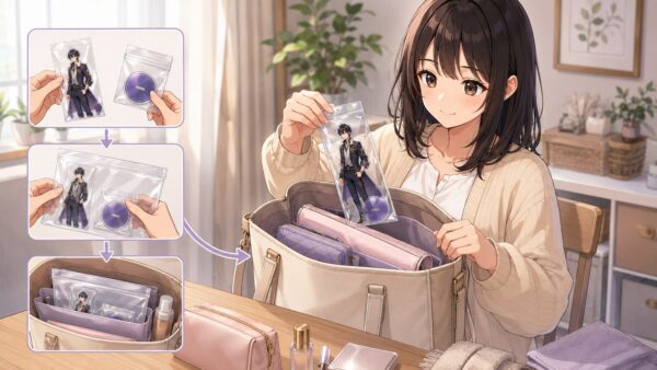 ローレン風アクスタを透明ポーチに入れてバッグ内で固定する持ち運び収納イメージ
