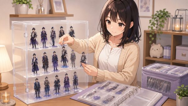 ローレン風アクスタを透明ディスプレイケースとバインダーで整理して飾る収納イメージ