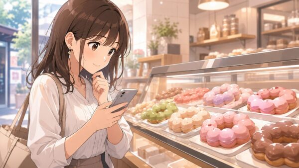 ミスド風の店内でスマホを確認しながら、もっちゅりん風ドーナツの販売状況を調べる日本人女性