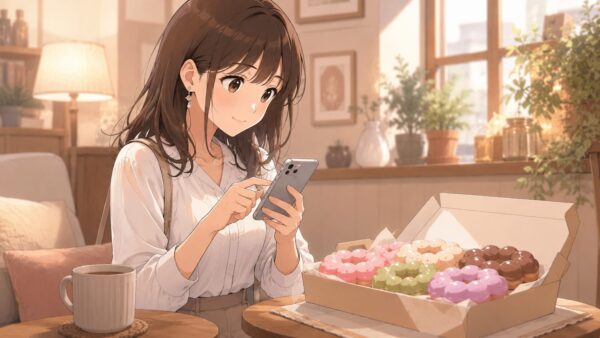 自宅でスマホを使い、もっちゅりん風ドーナツのネットオーダー予約を確認する日本人女性